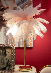 Lampe de table Palm métal doré abat-jour plumes roses