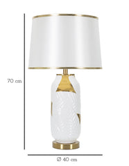 Lampe de table céramique blanche et dorée abat-jour tissu blanc bords dorés