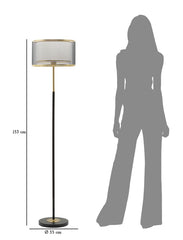 Lampe sur pied à deux niveaux Métal Noir et Or abat-jour Tissu Gris Transparent et Blanc bordure Dorée