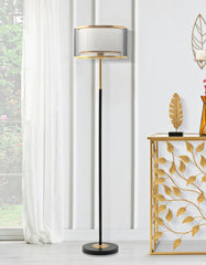 Lampe sur pied à deux niveaux Métal Noir et Or abat-jour Tissu Gris Transparent et Blanc bordure Dorée