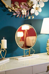 Miroir de table rond cadre métal doré et base marbre blanc