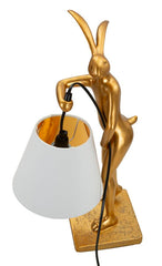 Lampe de table en résine dorée modèle Lapin abat-jour en tissu blanc