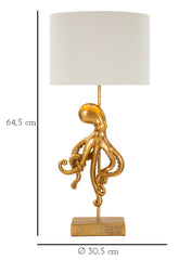Lampe de table en résine dorée Poulpe abat-jour tissu blanc