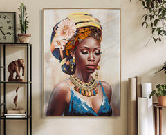 Peinture sur toile femme traditionnelle cadre bois et métal doré