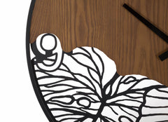 Horloge murale ronde Bois métalisé avec décor feuille