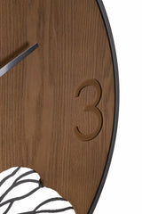 Horloge murale ronde Bois métalisé avec décor feuille