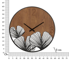 Horloge murale ronde métal et bois sculptures feuilles