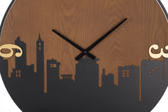 Horloge murale ronde métal et bois décorée ligne d'horizon