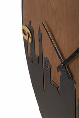 Horloge murale ronde métal et bois décorée ligne d'horizon