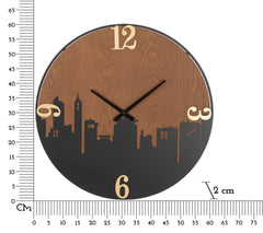 Horloge murale ronde métal et bois décorée ligne d'horizon