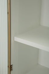 Vitrine design arrondi en bois blanc et inserts en bois brun avec 2 portes et 2 tiroirs