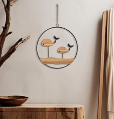 Panneau mural décoratif 3D rond métal bois Baleines
