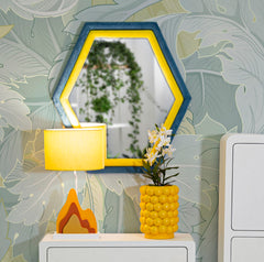 Miroir mural hexagonal cadre en bois Tissu Velours Bleu et Jaune