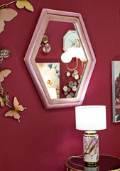 Miroir mural hexagonal en bois recouvert de Velours Rose