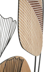 Panneau mural décoratif 3D en métal et bois avec formes abstraites et feuilles élégantes