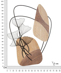 Panneau mural décoratif 3D en métal et bois avec formes abstraites et feuilles élégantes