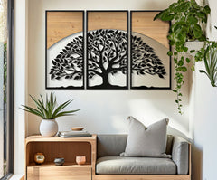 Panneau mural décoratif 3D ensemble 3 pcs métal et bois arbre