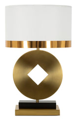 Lampe de table métal doré abat-jour tissu blanc bord doré