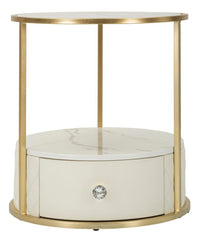 Table de chevet ronde Sharon plateau marbré simili cuir clair pieds métal doré