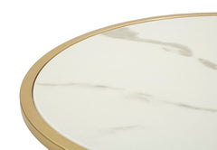 Table de chevet ronde Sharon plateau marbré simili cuir clair pieds métal doré