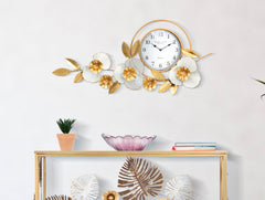 Horloge murale ronde design 3D fleurs et feuilles couleurs Vives et Blanches