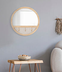 Miroir mural rond Fuji Chêne Clair avec 3 crochets en paille de Vienne