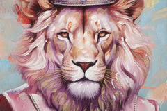Tableau mural Lion avec cadre en métal doré et bois rose