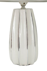 Lampe de table Emmi céramique blanche et abat-jour tissu argenté