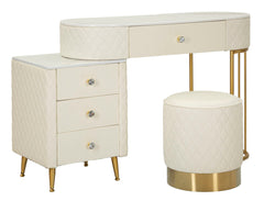 Bureau de lit Sharon Simili cuir Blanc avec pouf rond Métal Doré