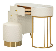 Bureau de lit Sharon Simili cuir Blanc avec pouf rond Métal Doré