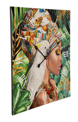 Horloge murale Kloe avec motif femme et perroquet couleurs vives