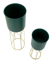 Support vase ensemble 2 pièces vert base dorée motifs géométriques