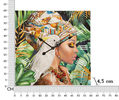 Horloge murale Kloe avec motif femme et perroquet couleurs vives