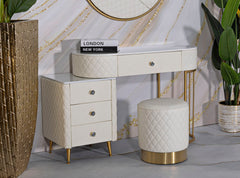 Pouf rond Sharon Cuir matelassé Blanc base dorée
