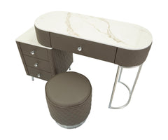 Bureau de lit Sharon Simili cuir Matelassé effet Marbre pieds métalliques Argentés avec Tabouret