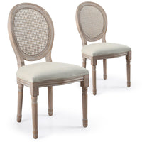 Lot de 2 chaises médaillon en bois patiné avec cannage et tissu beige