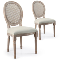 Lot de 2 chaises médaillon Louis XVI avec cannage Bois patiné et Tissu Beige