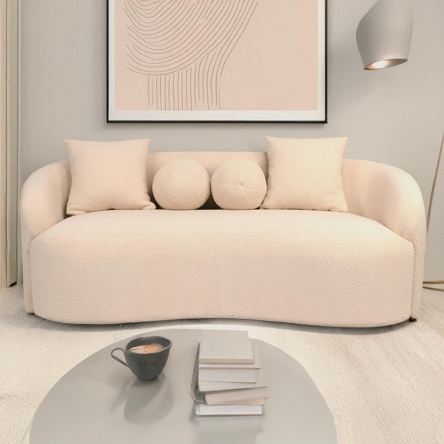 Canapé 3 places au design élégant et incurvé Alex Tissu bouclette Beige