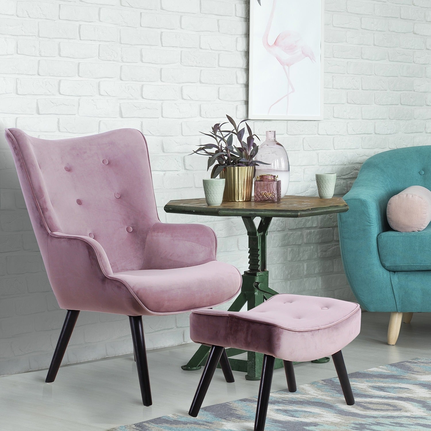 Fauteuil scandinave + pouf Lylou Velours Rose