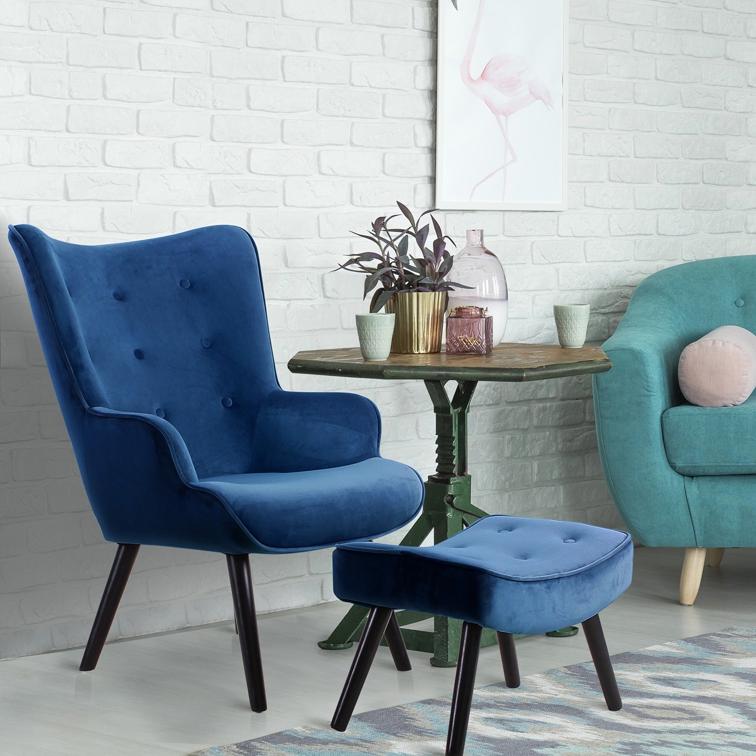 Fauteuil scandinave + pouf Lylou Velours Bleu