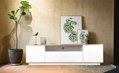 Meuble TV Bisane bois clair et blanc L180 cm design linéaire