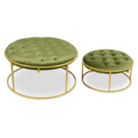 Ensemble de 2 poufs ronds en velours kaki avec structure en métal doré