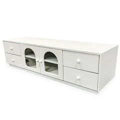 Meuble tv Caria 140cm avec portes vitrées et tiroirs blanc texturé