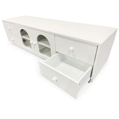 Meuble tv Caria 140cm avec portes vitrées et tiroirs blanc texturé