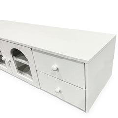 Meuble tv Caria 140cm avec portes vitrées et tiroirs blanc texturé