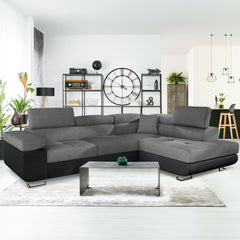 Canapé d'angle convertible Alixto têtières ajustables simili noir tissu gris foncé