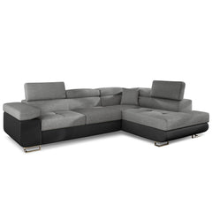 Canapé d'angle convertible Alixto têtières ajustables simili noir tissu gris foncé