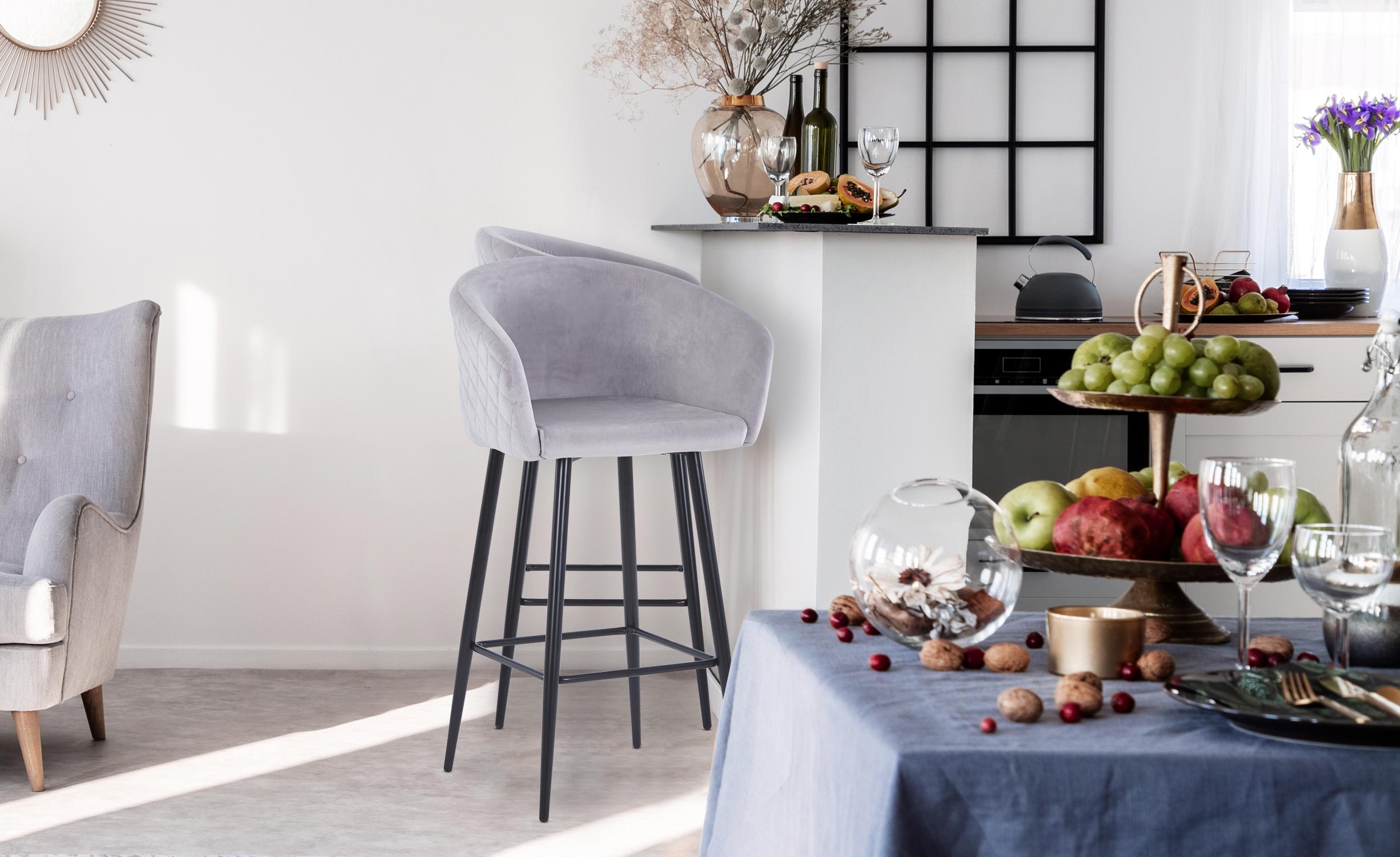 Lot de 2 chaises de bar Bobby Velours Argent