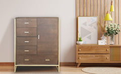 Buffet haut Balon 5 tiroirs et 1 porte en bois marron et métal doré L90cm