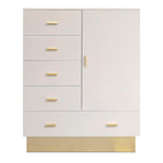 Buffet haut 5 tiroirs et 1 porte couleur taupe clair et or